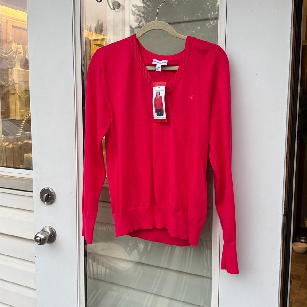 Calvin Klein Vibrant Pink/Red Knit V Neck Pullover NWT